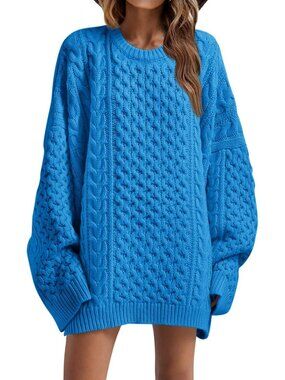 Women's Blue Oversized Sweaters Chunky Cable Knit Tunic Long Winter Sweater